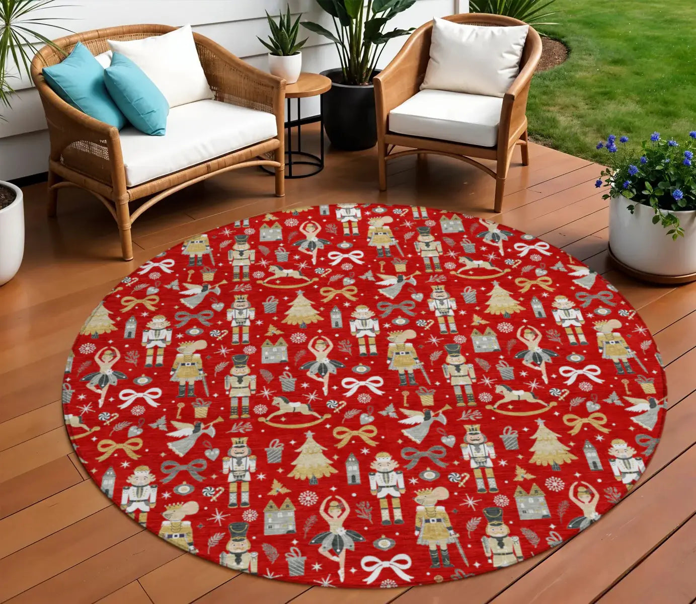 8' Red Gold Black And Gray Round Nutcracker Washable Indoor Outdoor Area Rug - Homeroots - Flyclothing LLC