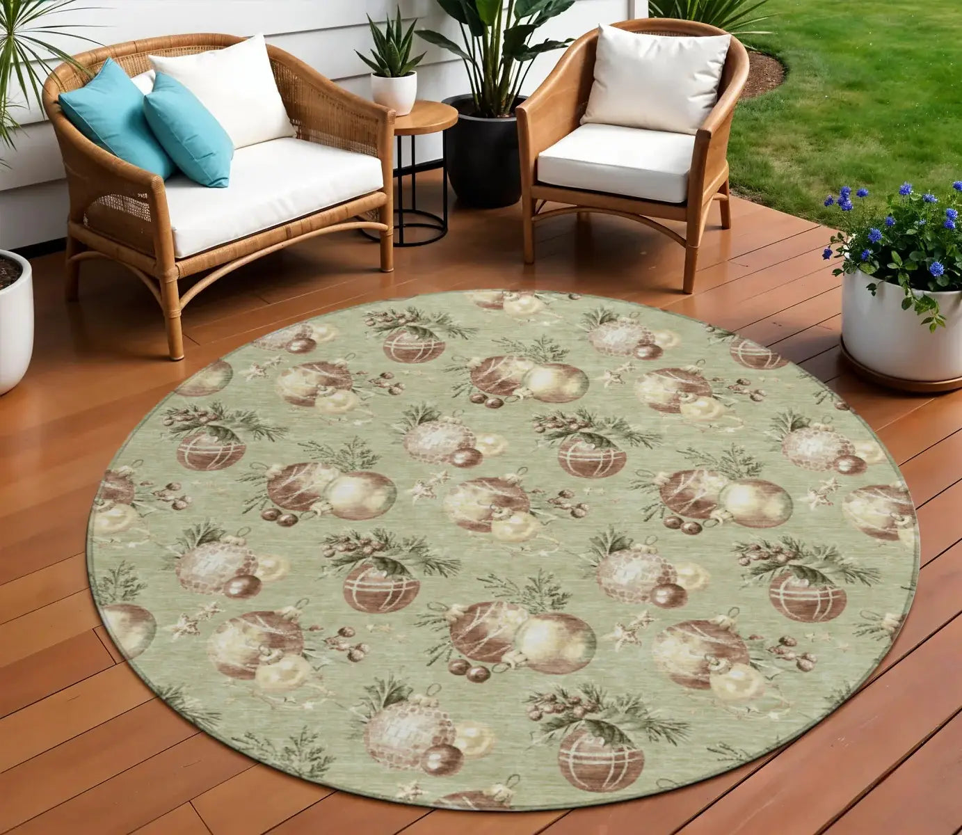 8' Artichoke Green Brown And Beige Round Stars Washable Indoor Outdoor Area Rug - Homeroots - Flyclothing LLC