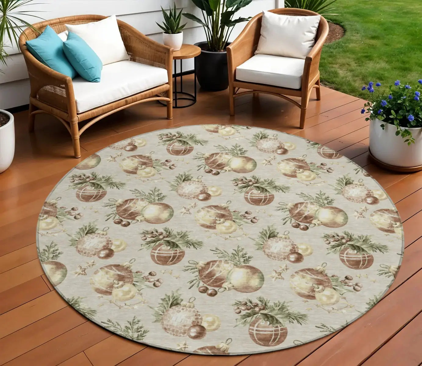 8' Beige Brown And Ivory Round Stars Washable Indoor Outdoor Area Rug - Homeroots - Flyclothing LLC