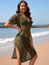 Slit Openwork Johnny Collar Short Sleeve Cover-Up - Trendsi - Flyclothing LLC