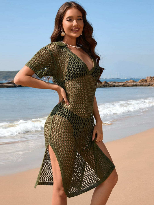 Slit Openwork Johnny Collar Short Sleeve Cover-Up - Trendsi - Flyclothing LLC
