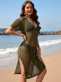 Slit Openwork Johnny Collar Short Sleeve Cover-Up - Trendsi