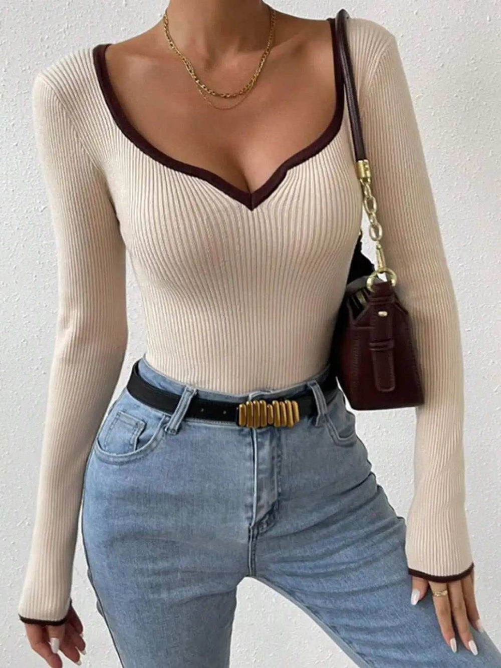 Contrast Trim Long Sleeve Knit Top - Trendsi - Flyclothing LLC