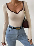 Contrast Trim Long Sleeve Knit Top - Trendsi - Flyclothing LLC