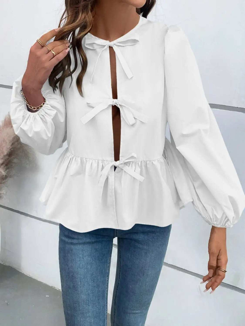 Ivy Lane Peplum Tied Long Sleeve Blouse - Trendsi - Flyclothing LLC