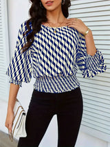 Geometric Print Lantern Sleeve Smocked Waist Blouse - Trendsi - Flyclothing LLC
