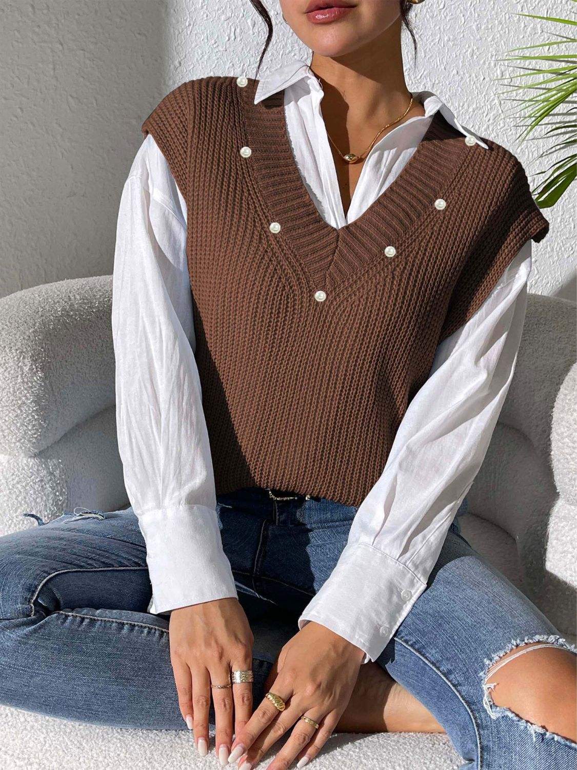 Pearl Trim V-Neck Sweater Vest - Trendsi - Flyclothing LLC