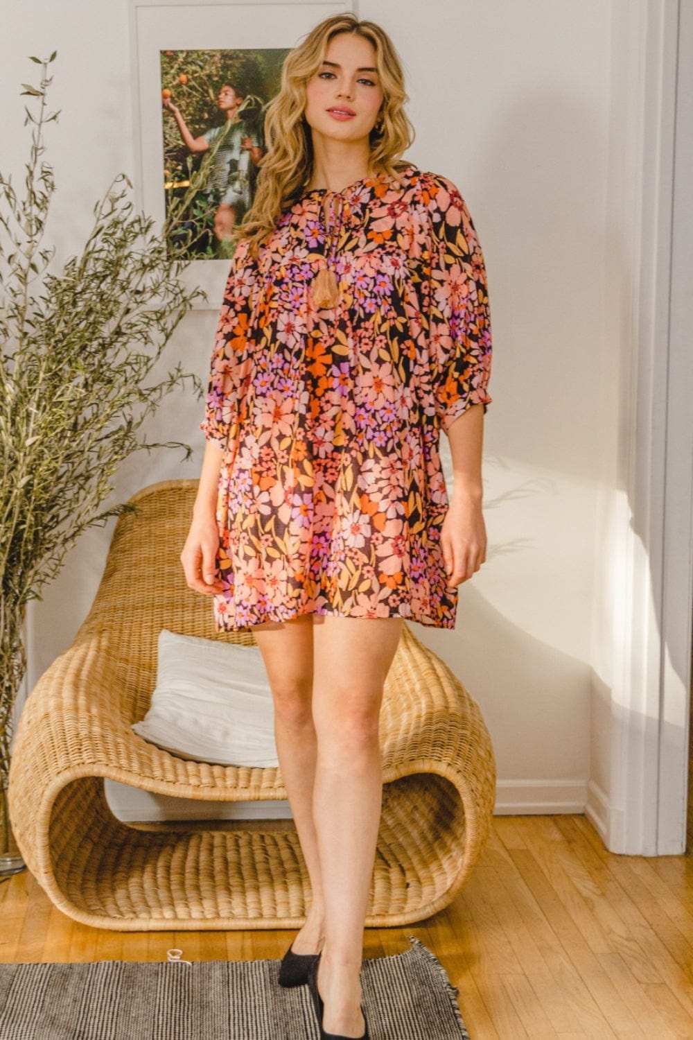 ODDI Full Size Floral Tied Neck Mini Dress - Trendsi - Flyclothing LLC