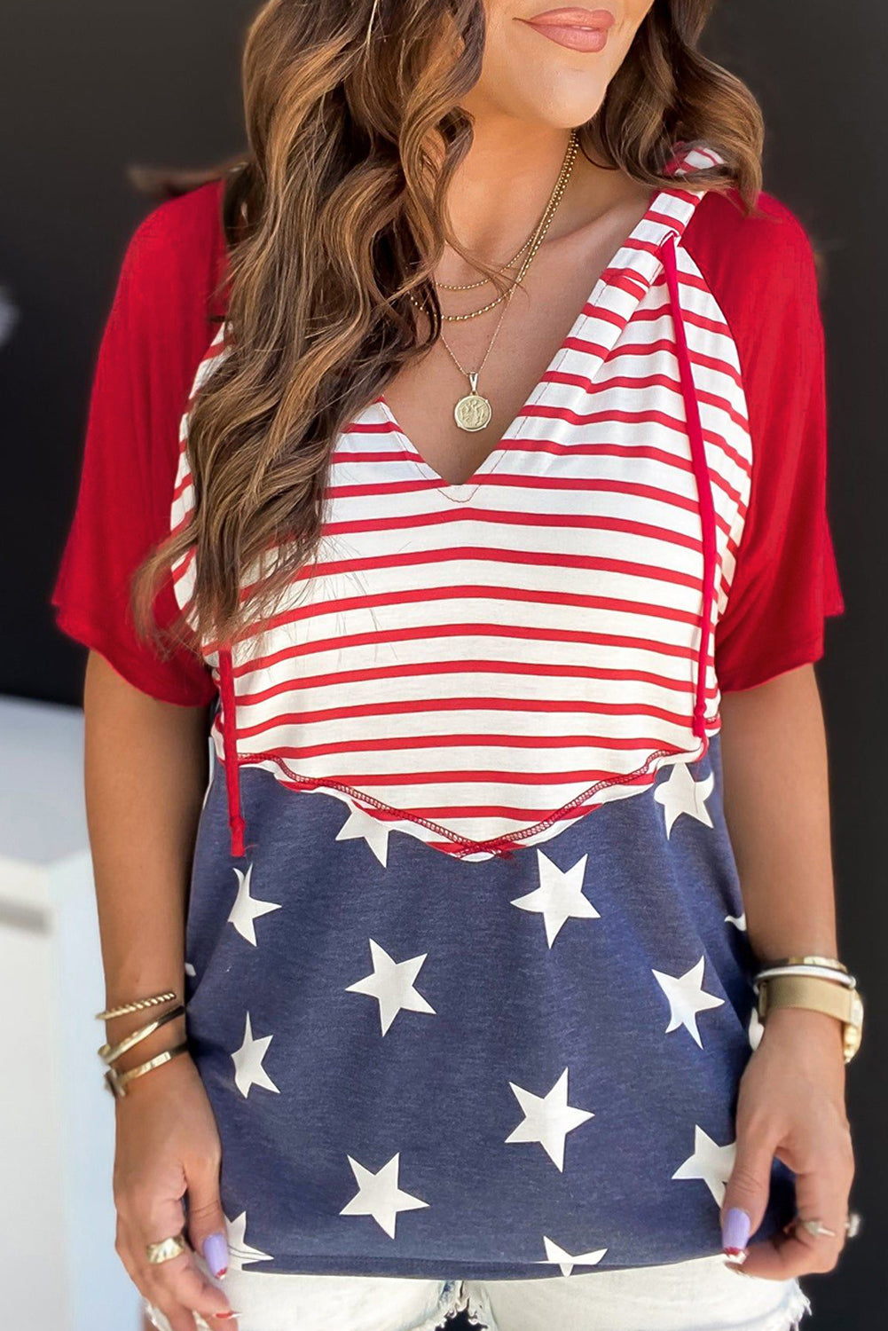 Stars and Stripes Print Drawstring Hoodie - Trendsi - Flyclothing LLC
