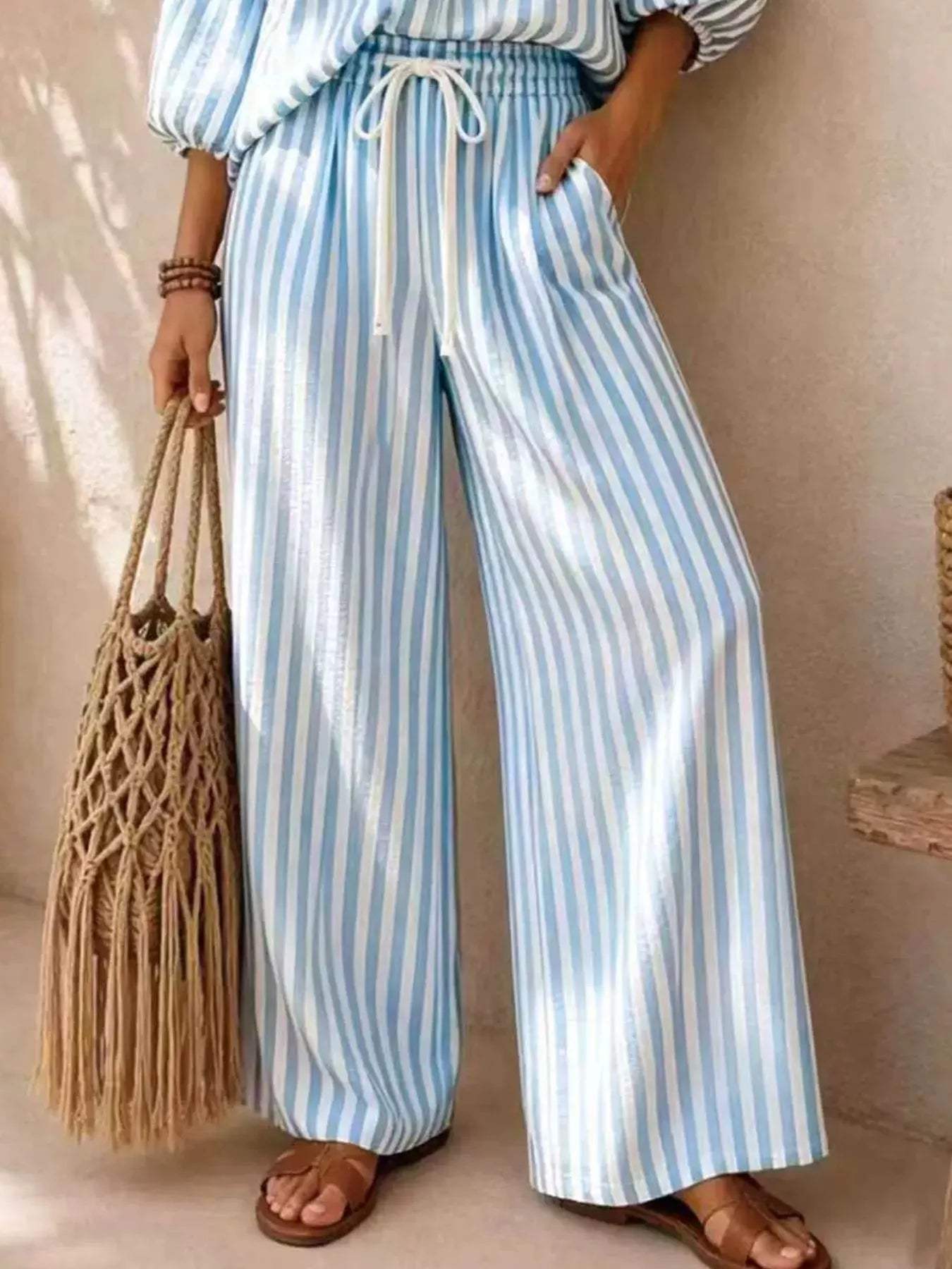 Full Size Striped Puff Sleeve Shirt and Wide-Leg Drawstring Pants Set Plus Size - Trendsi - Flyclothing LLC