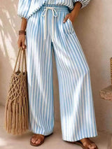 Full Size Striped Puff Sleeve Shirt and Wide-Leg Drawstring Pants Set Plus Size - Trendsi - Flyclothing LLC