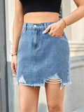 Distressed Raw Hem Denim Skirt - Trendsi