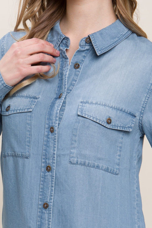 Love Tree Scooped Hem Button Up Denim Shirt - Trendsi