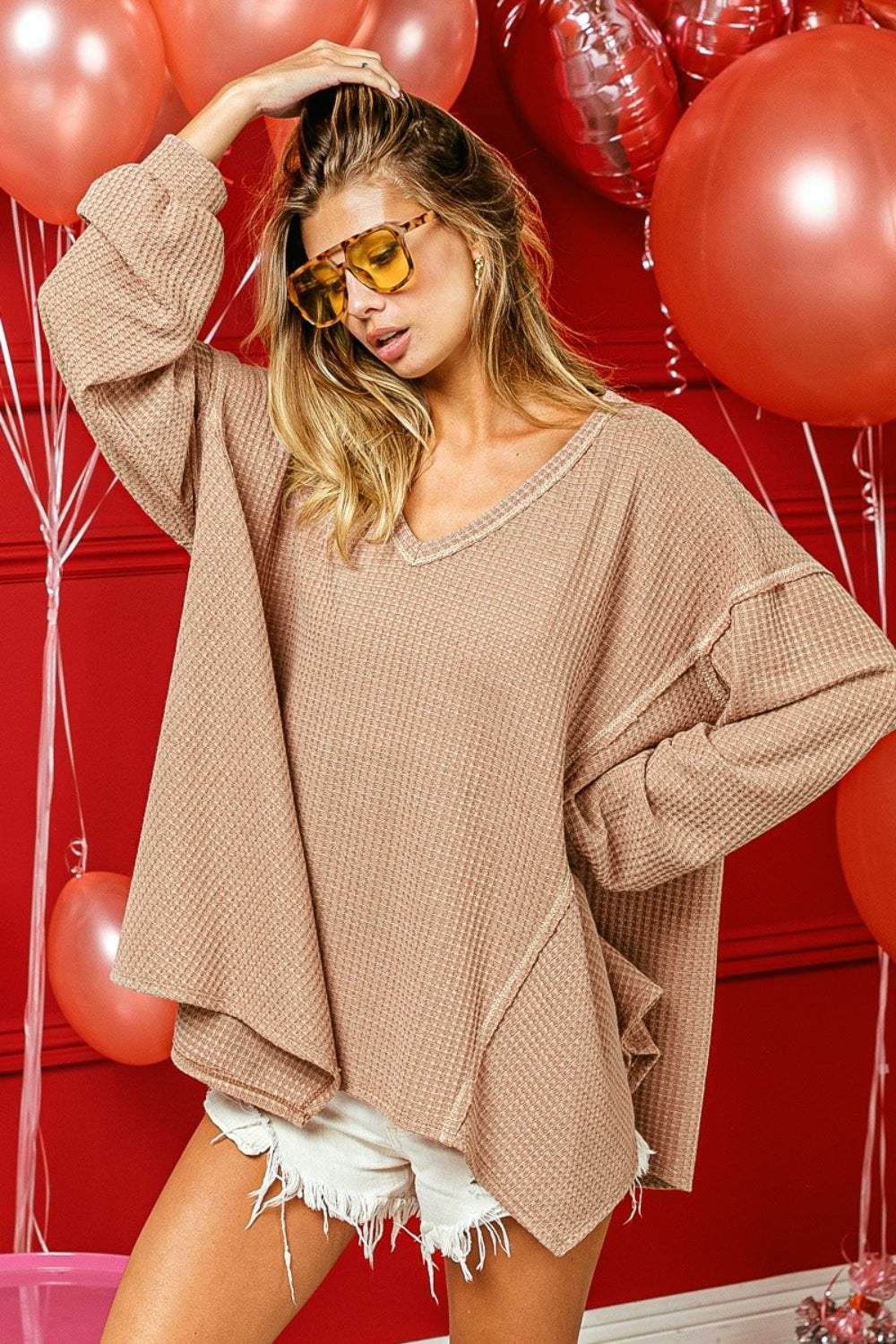 BiBi V-Neck Waffle Uneven Hem Top - Trendsi - Flyclothing LLC