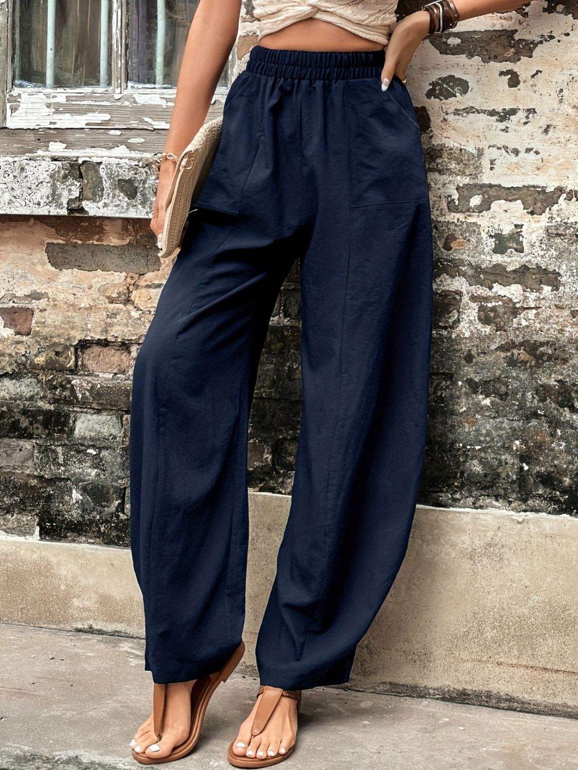 Elastic Waist Pants with Pockets - Trendsi - Flyclothing LLC
