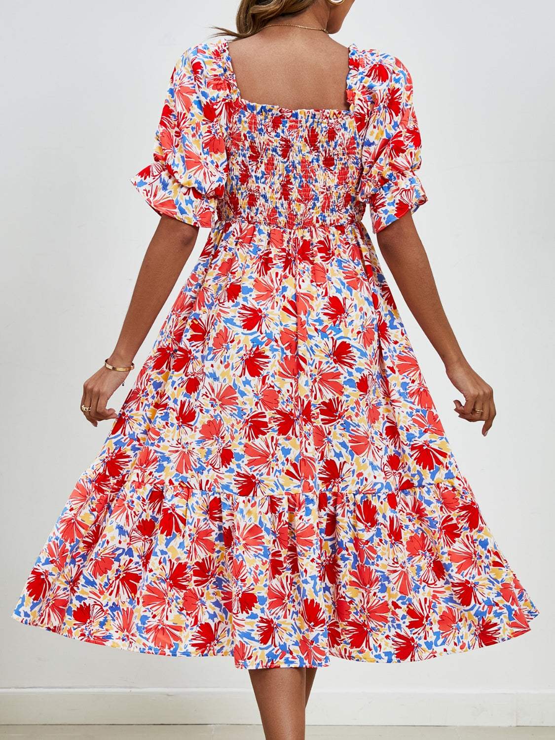 Smocked Floral Square Neck Short Sleeve Dress - Trendsi - Flyclothing LLC