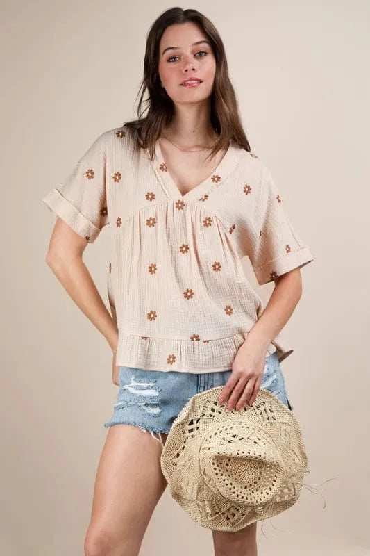 VERY J Flower Embroidered Woven Blouse - Trendsi - Flyclothing LLC