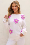 Crochet Flower Round Neck Long Sleeve Sweater - Trendsi - Flyclothing LLC