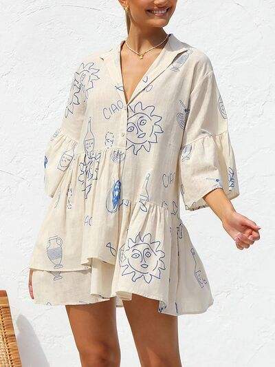 Button Detail Printed Mini Dress - Trendsi - Flyclothing LLC