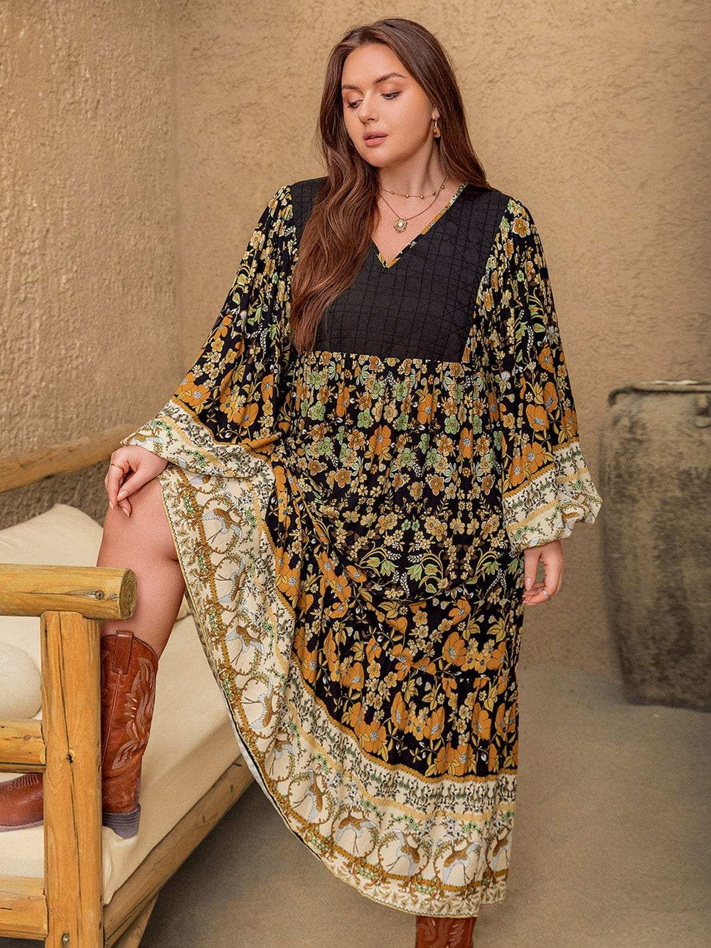 Plus Size Floral V-Neck Balloon Sleeve Midi Dress - Trendsi - Flyclothing LLC