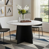 51" White and Black Marble and Wood Pedestal Base Round Top Dining Table - Homeroots - Flyclothing LLC