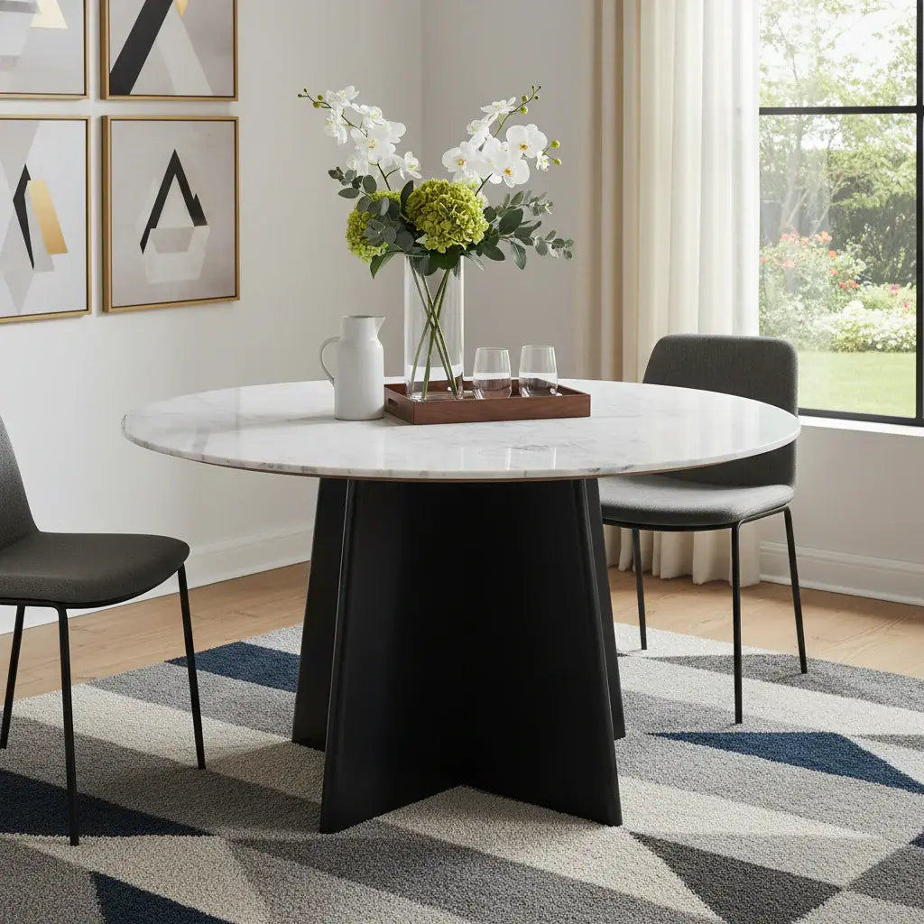 51" White and Black Marble and Wood Pedestal Base Round Top Dining Table - Homeroots - Flyclothing LLC
