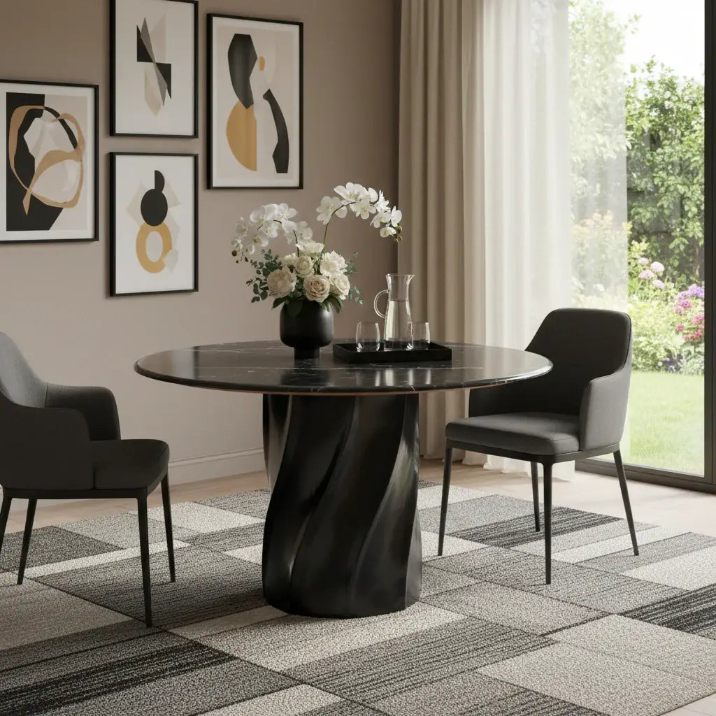 48" Black Marble and Wood Pedestal Base Round Top Dining Table - Homeroots - Flyclothing LLC