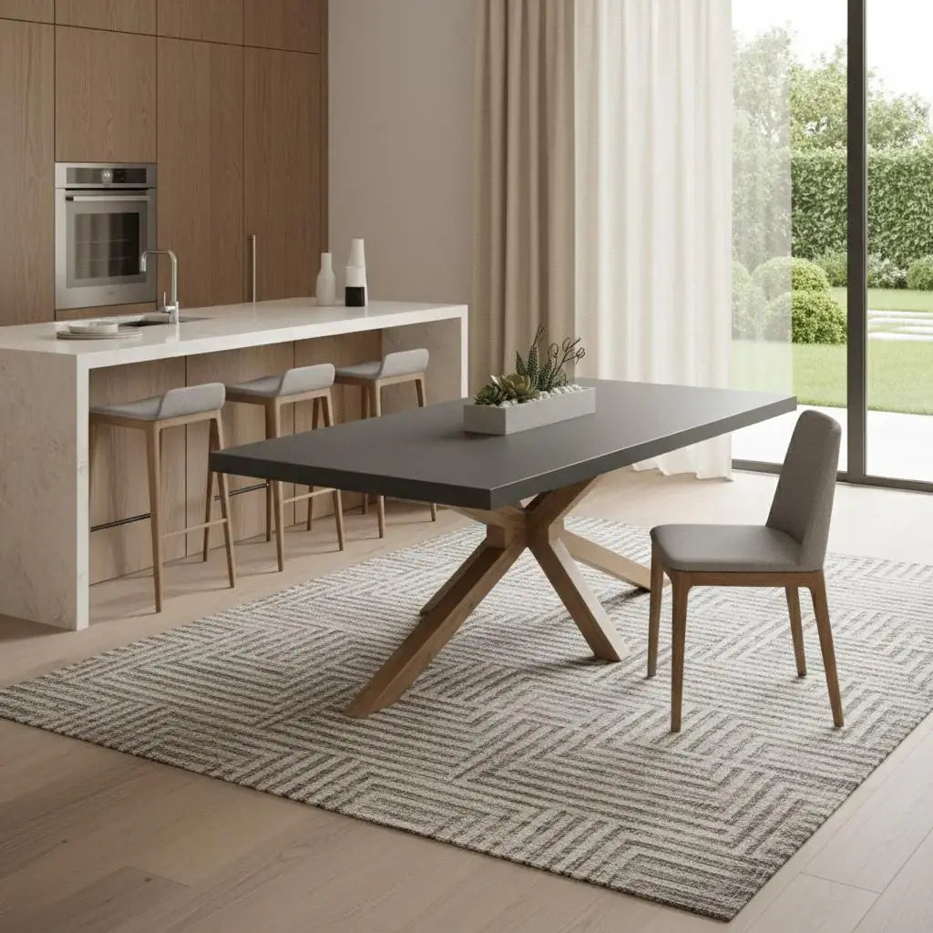 95" Gray and Natural Faux Concrete and Solid Wood Cross Leg Base Dining Table - Homeroots - Flyclothing LLC