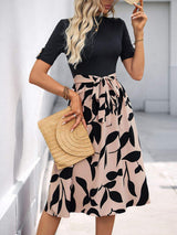 Perfee Tied Printed Mock Neck Short Sleeve Dress - Trendsi - Flyclothing LLC