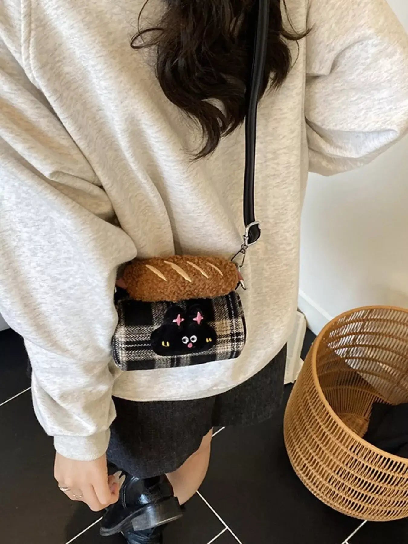 Plaid Pattern Plush Trim Crossbody Bag - Trendsi - Flyclothing LLC