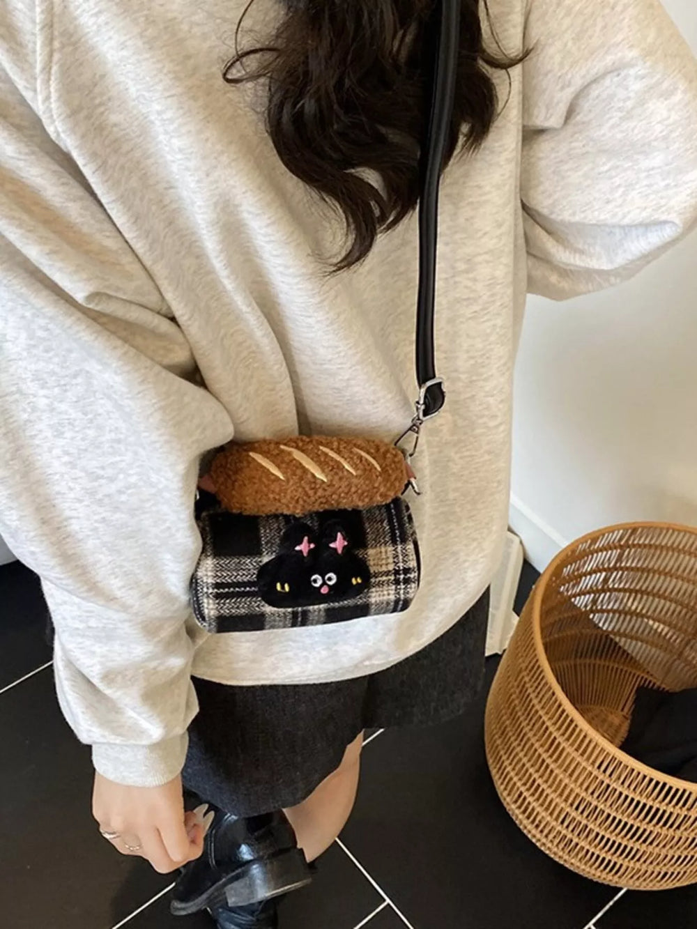 Plaid Pattern Plush Trim Crossbody Bag - Trendsi - Flyclothing LLC