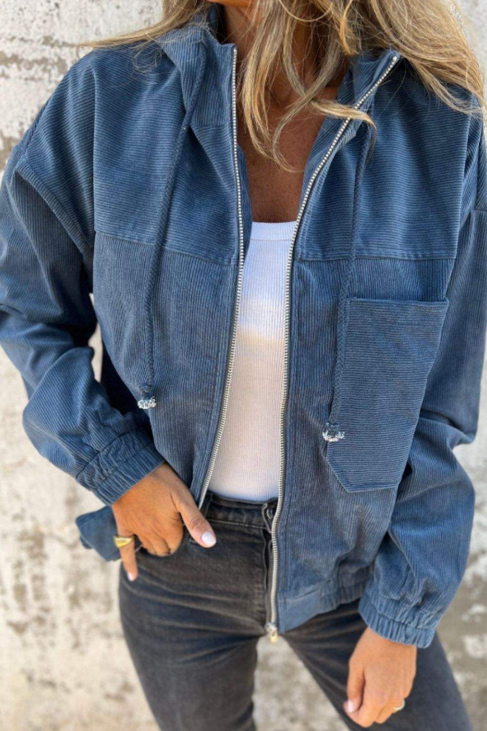 Pocketed Zip Up Long Sleeve Hooded Jacket - Trendsi - Flyclothing LLC