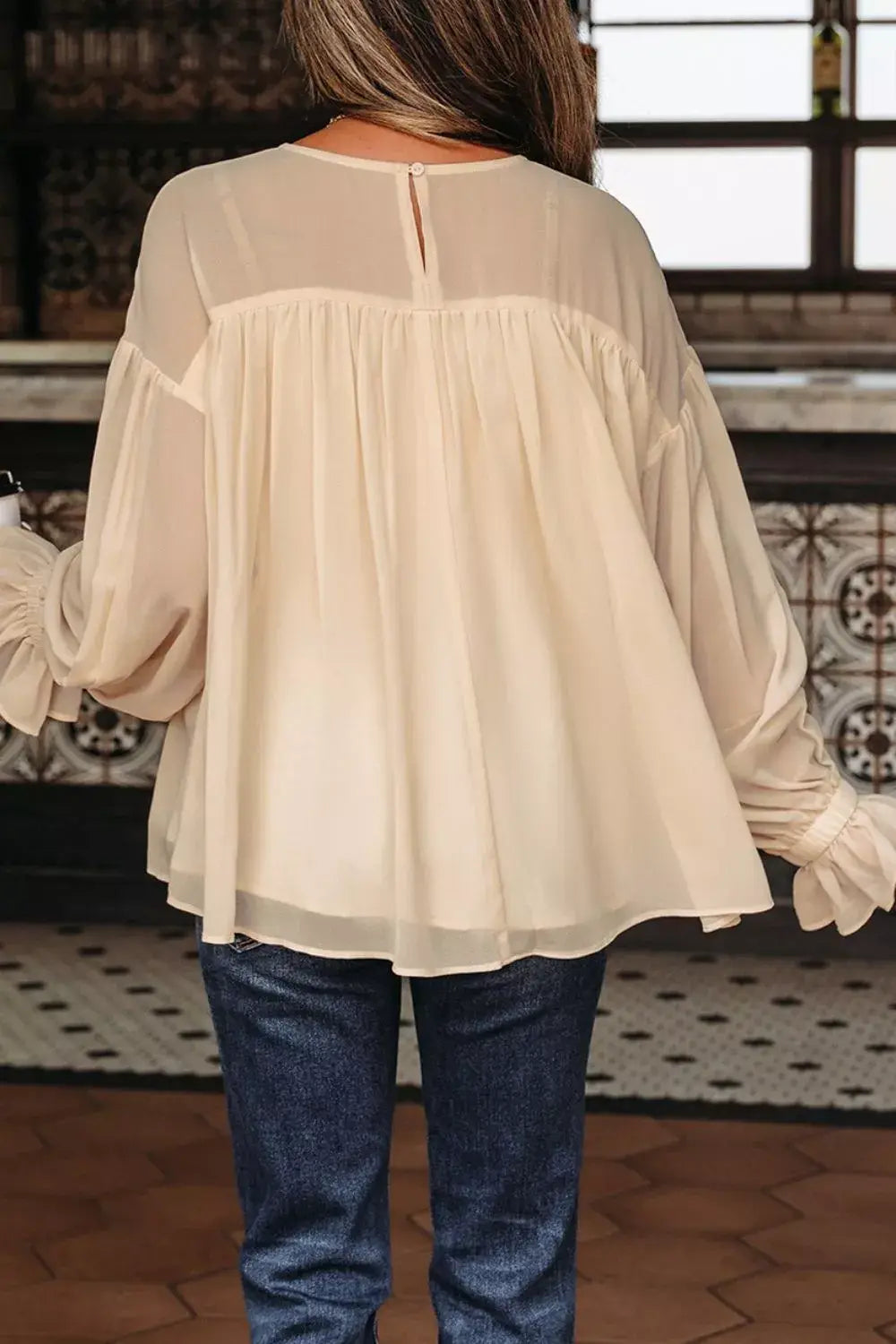 Round Neck Ruffle Sleeve Blouse - Trendsi - Flyclothing LLC