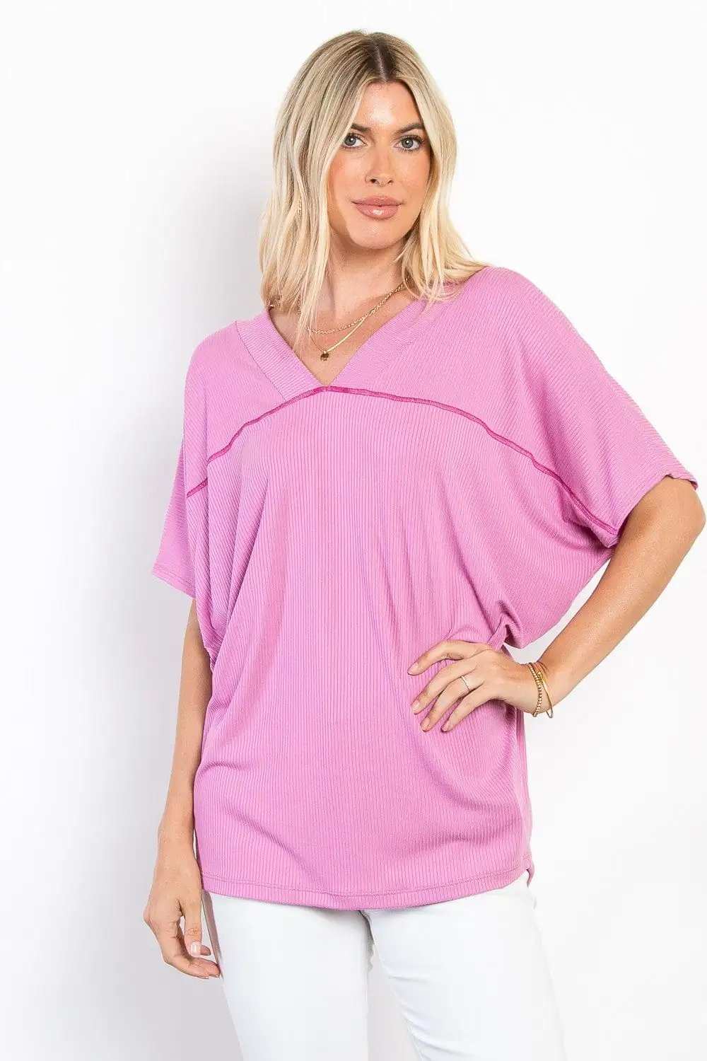 Be Stage Full Size V-Neck Short Sleeve Ribbed Top - Trendsi - Flyclothing LLC