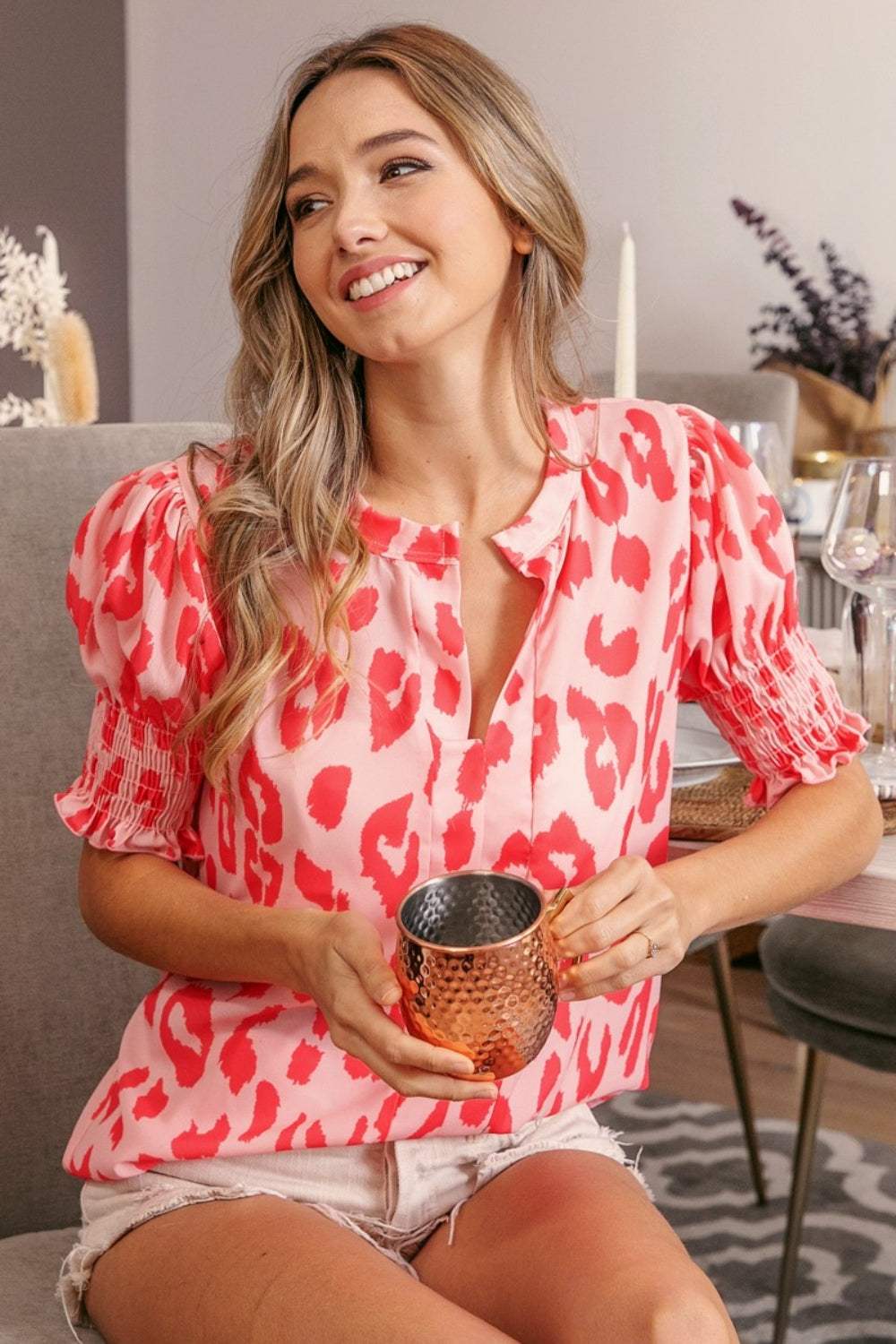 BiBi Leopard Smocked Short Sleeve Blouse - Trendsi - Flyclothing LLC