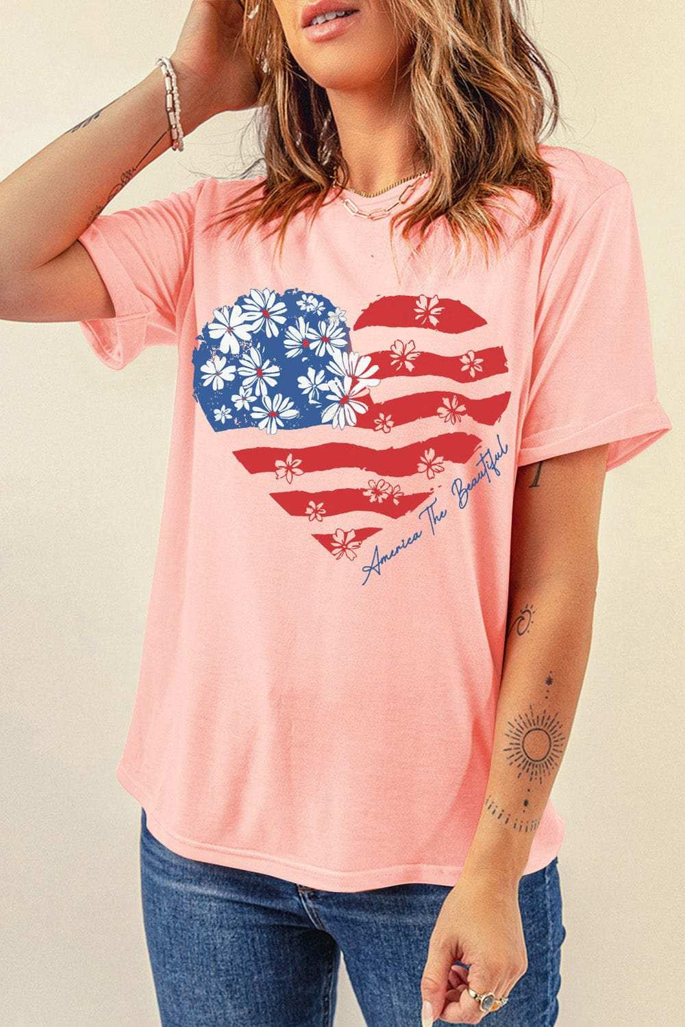Heart Round Neck Short Sleeve T-Shirt - Trendsi - Flyclothing LLC