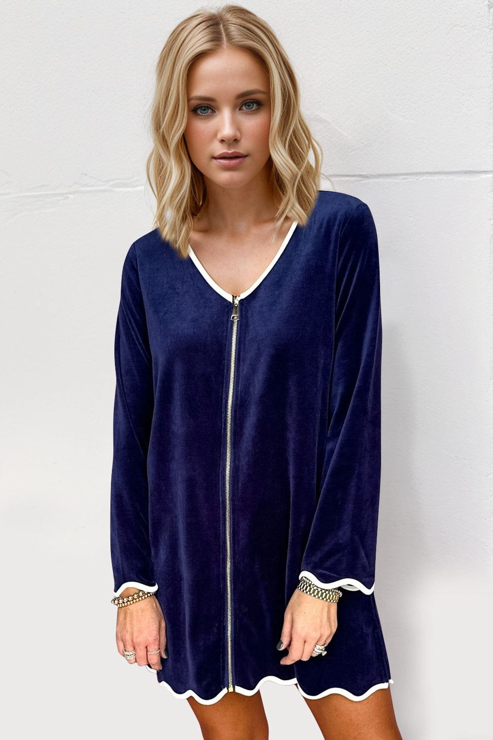 Double Take Wave Contrast Trim V-Neck Zip Up Long Sleeve Mini Dress - Trendsi