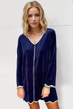 Double Take Wave Contrast Trim V-Neck Zip Up Long Sleeve Mini Dress - Trendsi