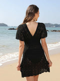 Openwork Plunge Short Sleeve Cover-Up Dress - Trendsi - Flyclothing LLC