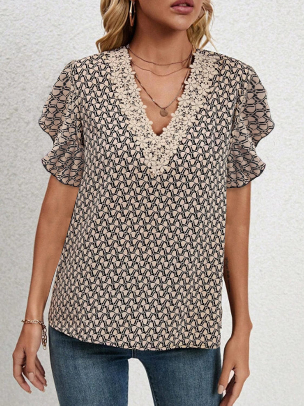 Lace Detail Printed V-Neck Flounce Sleeve Blouse - Trendsi