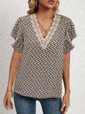 Lace Detail Printed V-Neck Flounce Sleeve Blouse - Trendsi