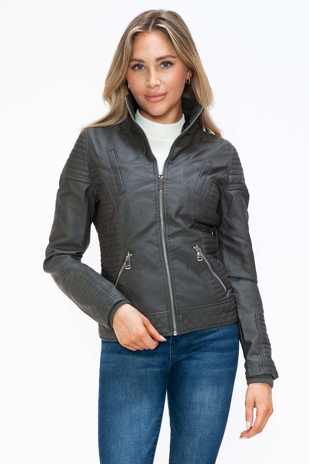 YMI Faux Layered Double-Zipper Jacket with Fuzzy Hood - Trendsi - Flyclothing LLC
