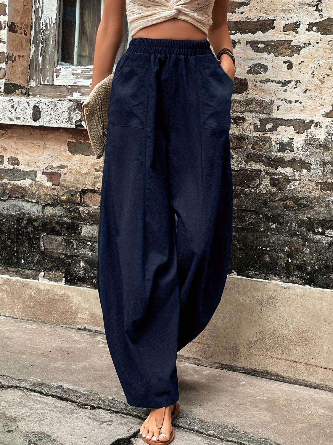 Elastic Waist Pants with Pockets - Trendsi - Flyclothing LLC