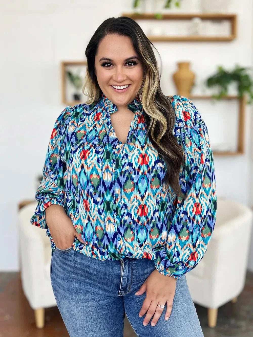 Double Take Full Size Printed Balloon Sleeve Blouse - Trendsi - Flyclothing LLC