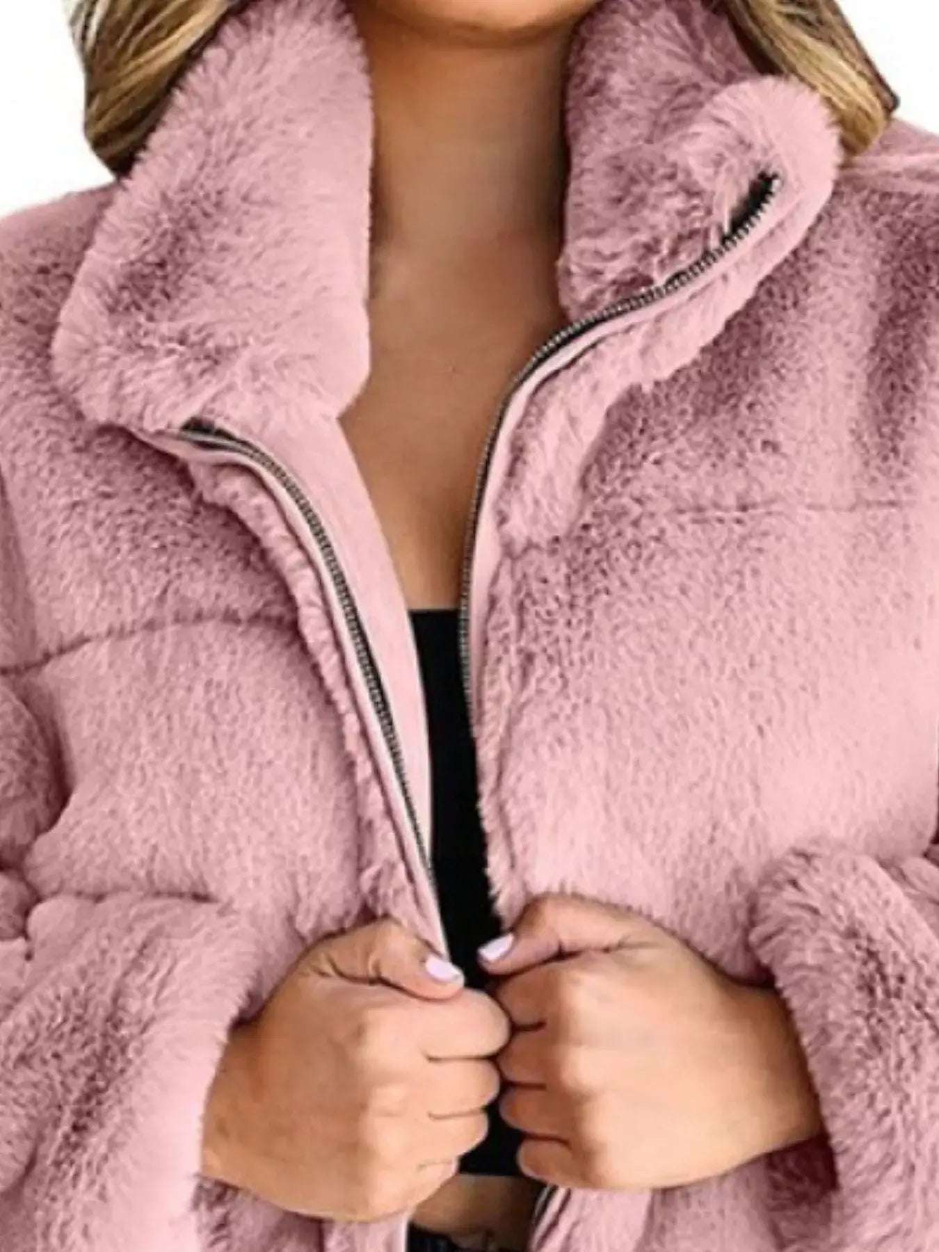 Full Size Faux Fur Cropped Zip-Up Jacket Plus Size - Trendsi - Flyclothing LLC
