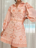 Printed Button Down Shirt Dress with Belt - Trendsi - Flyclothing LLC