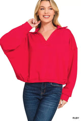 Zenana French Terry Collared Exposed Seam Sweatshirt - Trendsi - Flyclothing LLC