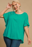 Umgee Full Size Raw Hem Ruffle Short Sleeve Blouse Plus Size - Trendsi