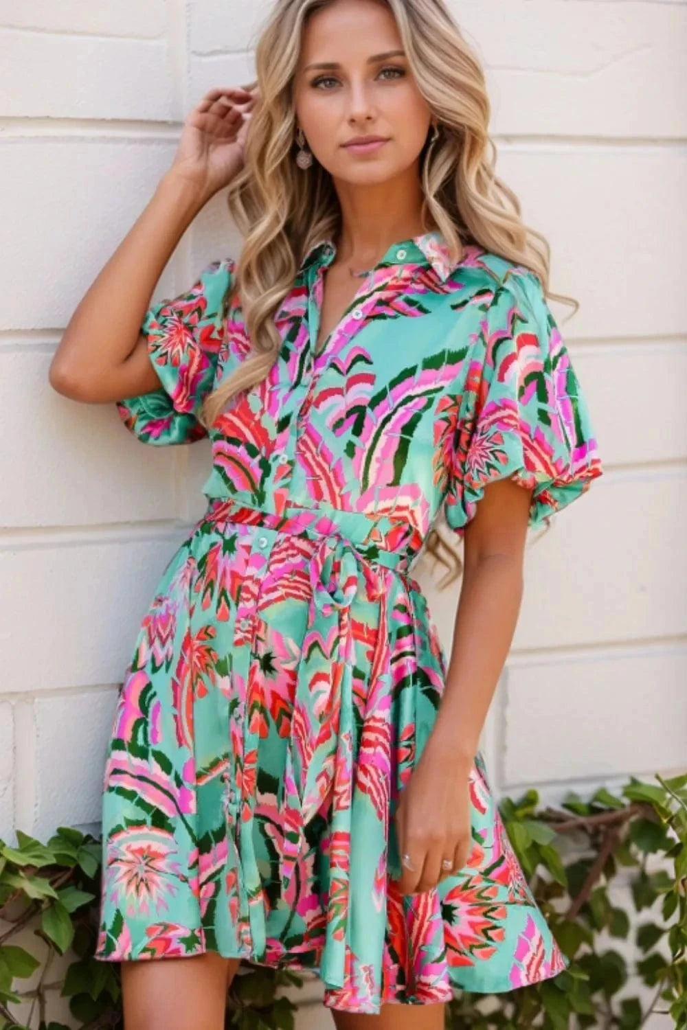 Abstract Print Lace-Up High Waist Buttoned Mini Dress - Trendsi