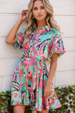 Abstract Print Lace-Up High Waist Buttoned Mini Dress - Trendsi